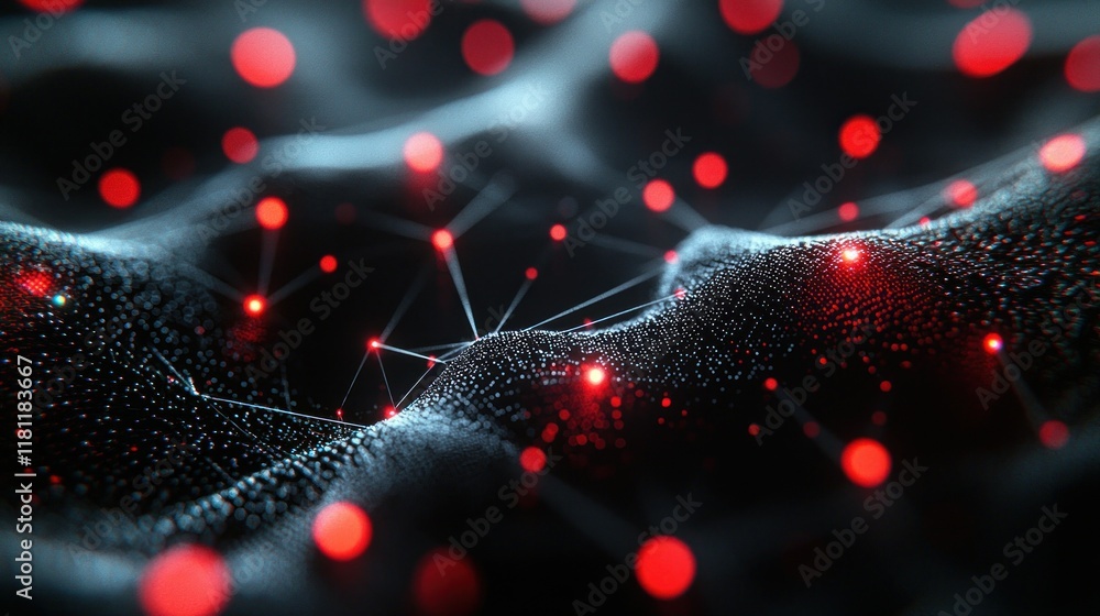 Poster abstract network visualization: red nodes and connections in a dark, wavy landscape
