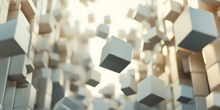 Abstract Cube Structure: An abstract composition of floating cubes, arranged in a dynamic and captivating pattern. The soft lighting and muted color palette creates a sense of calm and sophistication.
