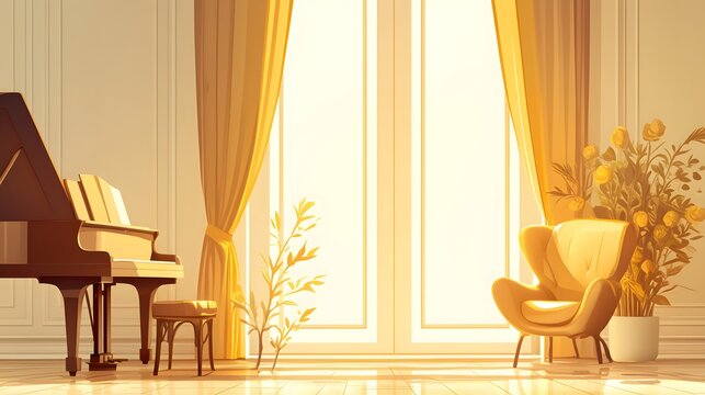 Elegant interior design with a beige studio, plant pot, and armchair complemented by a pastel cream and yellow backdrop.