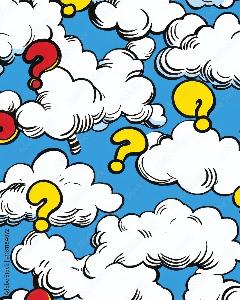 Poster question clouds: a whimsical illustration of fluffy clouds and colorful question marks floating agai