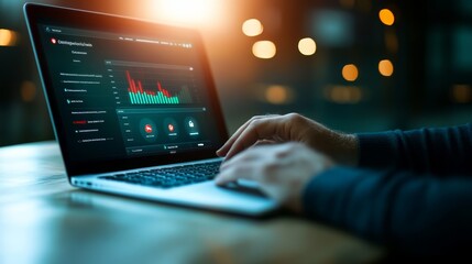 Closeup view of a person interacting with laptop displaying comprehensive business dashboard.