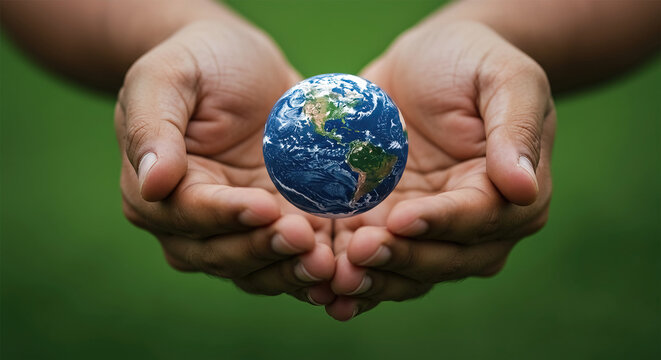 Close up of hands holding the earth on a green background. protect nature. Save Earth. concept of the environment World Earth Day
