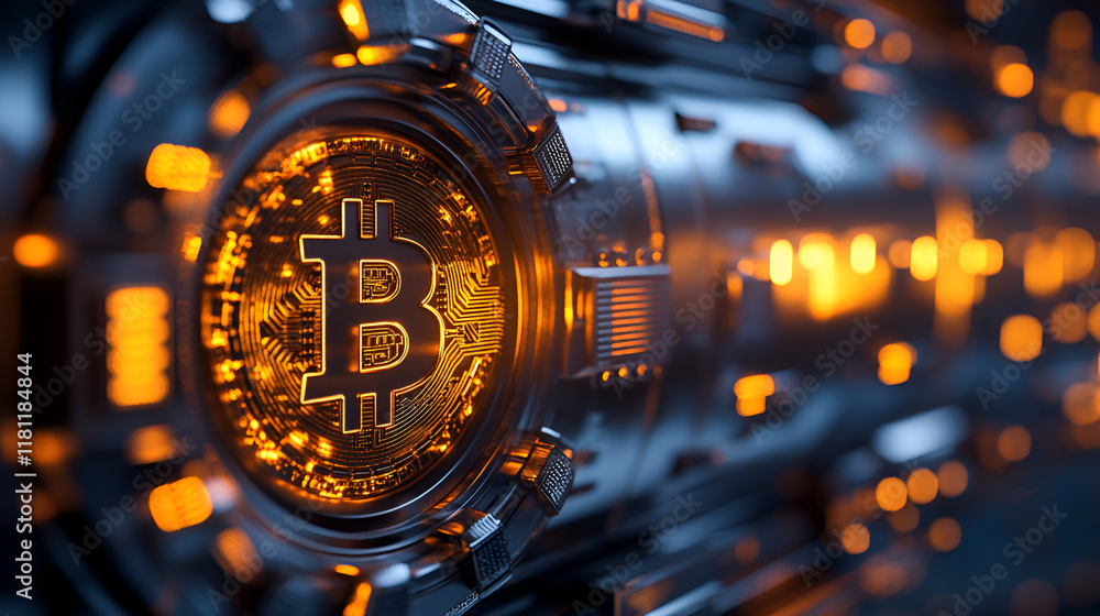 Poster bitcoin: digital currency in a cybernetic world: a close-up of a glowing bitcoin symbol encased in a