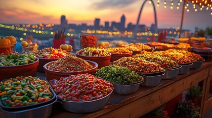 Fototapeta premium Colorful St Louis food festival setup featuring iconic regional dishes displayed on a wooden table with the Gateway Arch glowing in the distance