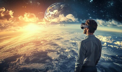 Man in VR headset explores space sunrise above Earth.
