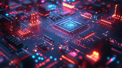 Obraz premium A computer chip with a red and blue background