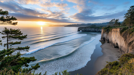 Breathtaking coastal sunset over waves and cliffs, serene landscape view