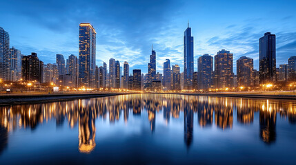 Fototapeta premium Stunning city skyline at dusk with reflections on water