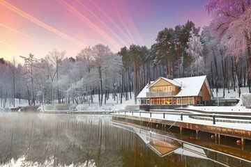 Fototapeta premium Charming winter scene cozy lake house surrounded by snowy forest at sunset glow