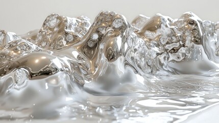 Liquid Metal Sculpture: Abstract Waves of Silver and Light. Modern Contemporary Art Installation. Fluid, Flowing, Dynamic, and Reflective Surface Texture.