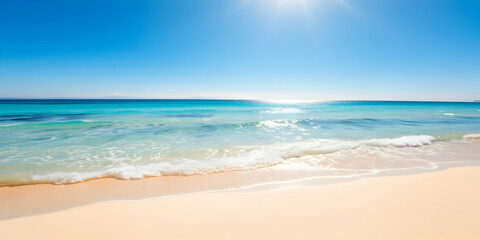 Obraz premium Pristine tropical beach, crystal clear turquoise water, white powdery sand, calm ocean waves, bright blue sky, fluffy white clouds, horizon line, paradise destination, serene landscape, summer 