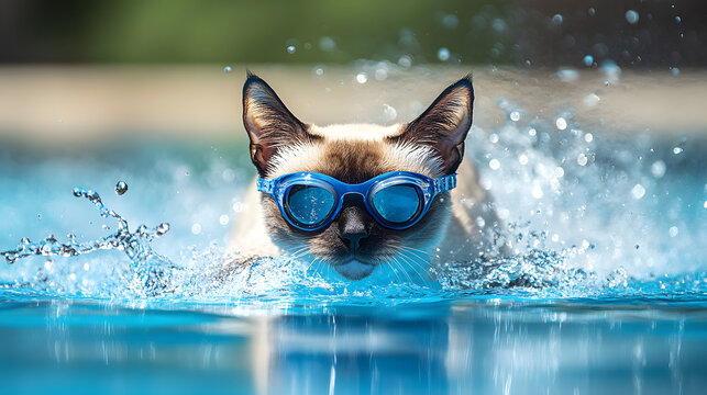A sleek Siamese cat wearing a swimmer’s cap and goggles, diving into a pool with a splash, ready to compete in a freestyle swimming race 