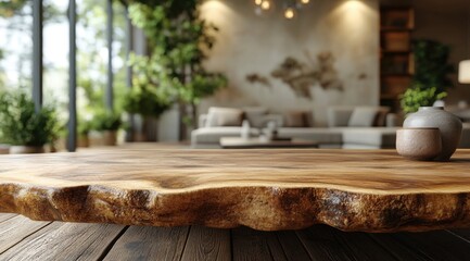 Blurred living room with empty wooden table, product display presentation mockup background.