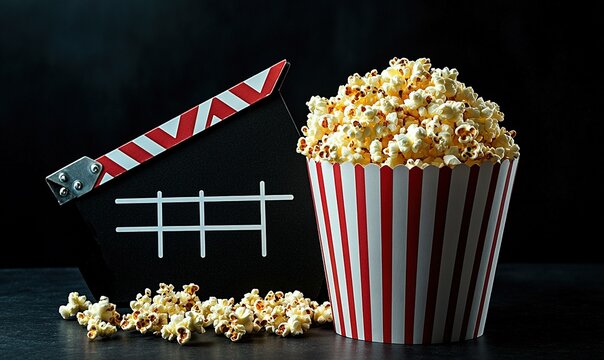 Popcorn in striped bucket and clapperboard on dark background for cinema concept.