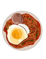 Hand drawn illustration of Tteokbokki, steamed and sliced rice cakes (tteok), cooked with fish cakes (oden) and scallions in a sweet and spicy sauce made of chili paste.