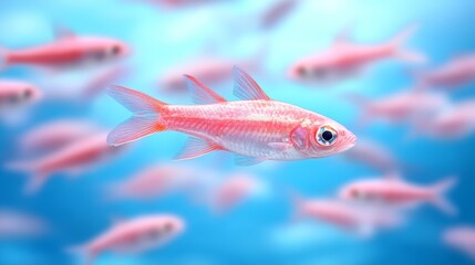 Fototapeta premium A school of vibrant pink fish thrives in the tranquil blue ocean depths. 