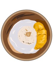 Hand drawn illustration of Durian sticky rice. Sticky rice cook with coconut milk, served with durian and coconut milk as gravy. Thai popular dessert.