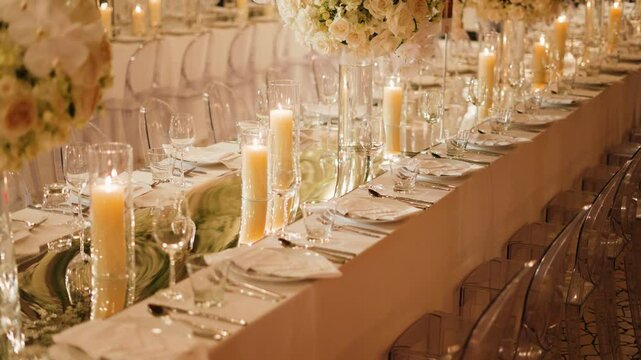 Wedding decor bouquet candle dinner. Tablecloth catering celebration dining room. Festive flower glasses fire light.