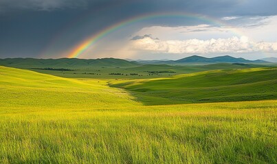 Fototapeta premium Rainbow over green hills and valley.