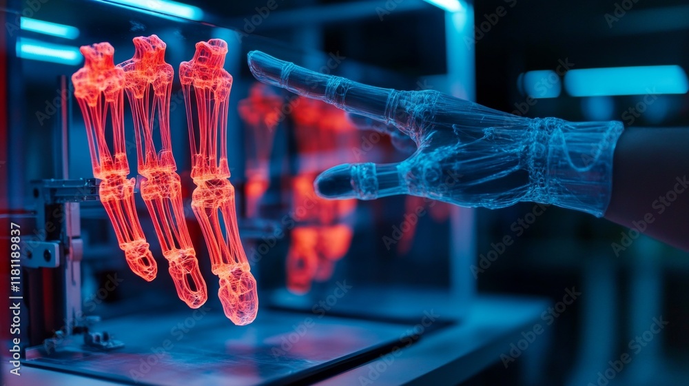 Poster advanced prosthetic manufacturing lab with glowing 3d printers assembling intricate artificial limbs