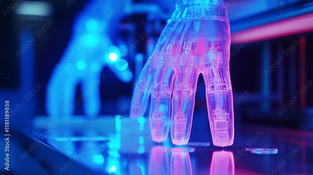 Aufkleber advanced prosthetic manufacturing lab with glowing 3d printers assembling intricate artificial limbs