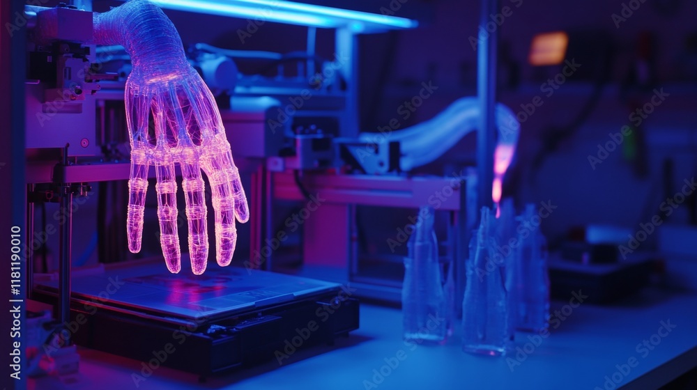 Aufkleber advanced prosthetic manufacturing lab with glowing 3d printers assembling intricate artificial limbs