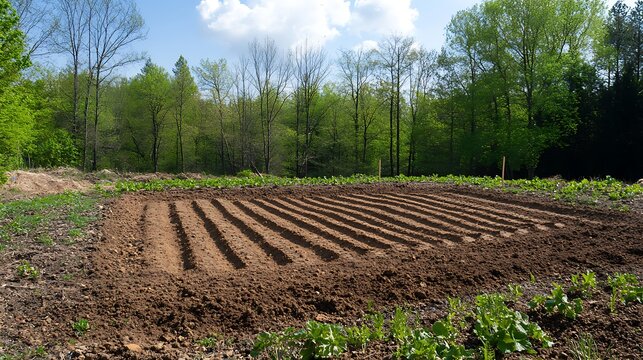 A freshly tilled garden plot ready for planting, with rich brown soil and rows marked out for seeds, surrounded by spring greenery