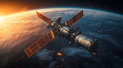 Fototapeta premium A photo of an advanced space station orbiting a colorful planet.