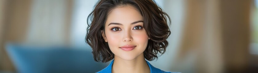 Fototapeta premium Stylish woman with short hair posing in a blue sweater, fashion portrait