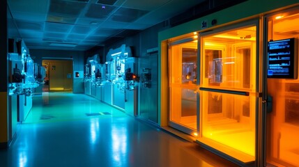 Advanced quarantine facility with glowing decontamination fields and robotic monitors