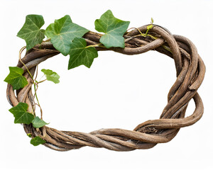 An isolated white background with a twisted wild liana vine plant and a nature frame bordering a jungle