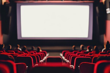 Empty movie screen, audience seated, cinema hall