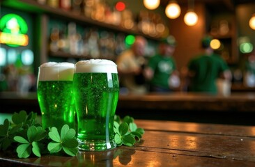 St. Patrick’s Day pub with green beer, music, and blank space for branding