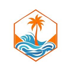 Obraz premium Tropical Paradise Icon: Palm Tree and Ocean Waves in Hexagon Frame 