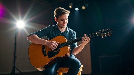 Obraz premium Man playing acoustic guitar under stage lighting.
