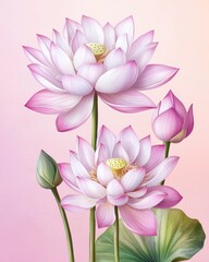 Fototapeta premium Romantic watercolor floral patterns concept with pastel tone. Beautiful pink lotus flowers on a soft gradient background