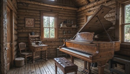 Obraz premium Rustic grand piano in a cozy wooden cabin interior.