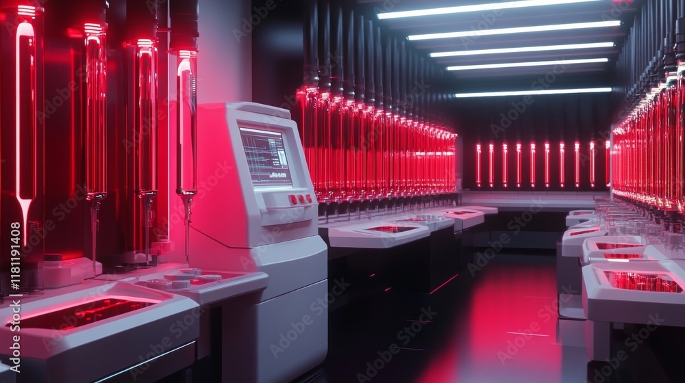 Poster futuristic blood analysis facility with glowing fluid processing machines and advanced data readouts