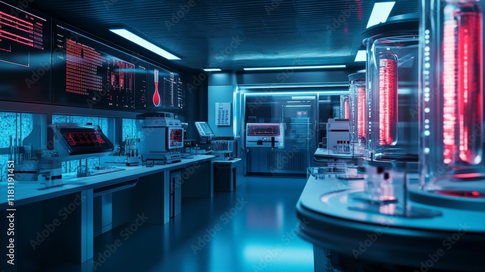 Poster futuristic blood analysis facility with glowing fluid processing machines and advanced data readouts