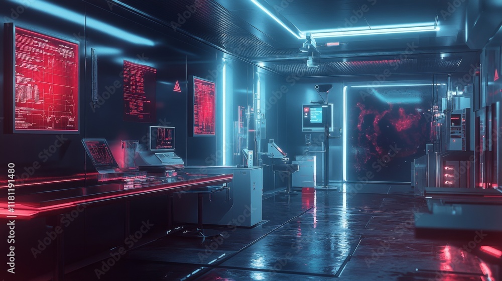 Poster futuristic blood analysis facility with glowing fluid processing machines and advanced data readouts