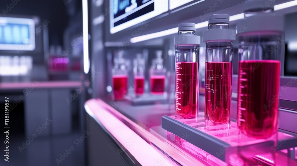 Poster futuristic blood analysis facility with glowing fluid processing machines and advanced data readouts