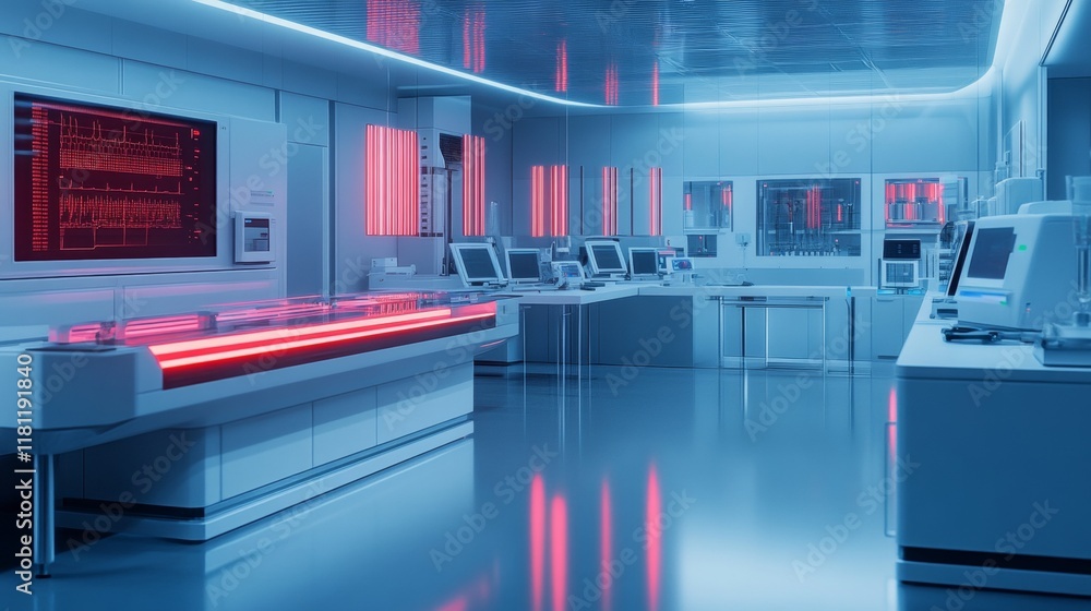 Poster futuristic blood analysis facility with glowing fluid processing machines and advanced data readouts