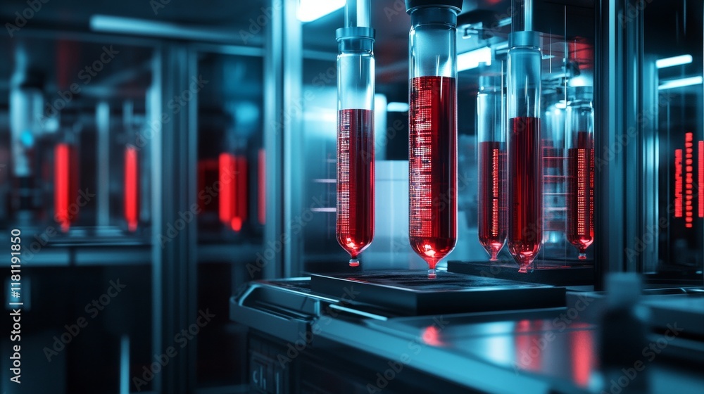 Poster futuristic blood analysis facility with glowing fluid processing machines and advanced data readouts