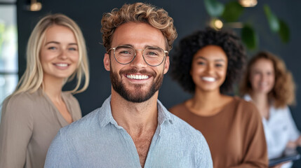 Fototapeta premium Smiling man with curly hair and glasses in group of friends, showcasing positive atmosphere in modern office setting