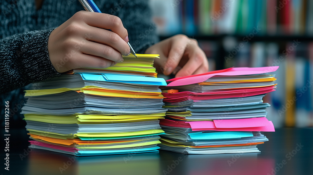 Poster the power of notes: a close-up image of a person's hands diligently writing on a stack of colorful s