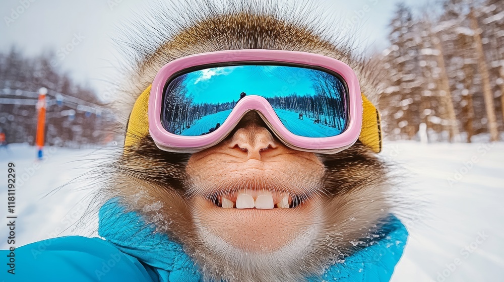 Poster monkey wearing goggles and a blue jacket. the monkey is smiling and looking at the camera. the image