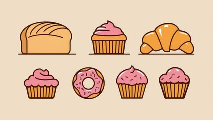 Delicious Bakery Collection Bread Croissant Cupcakes Donut Illustration
