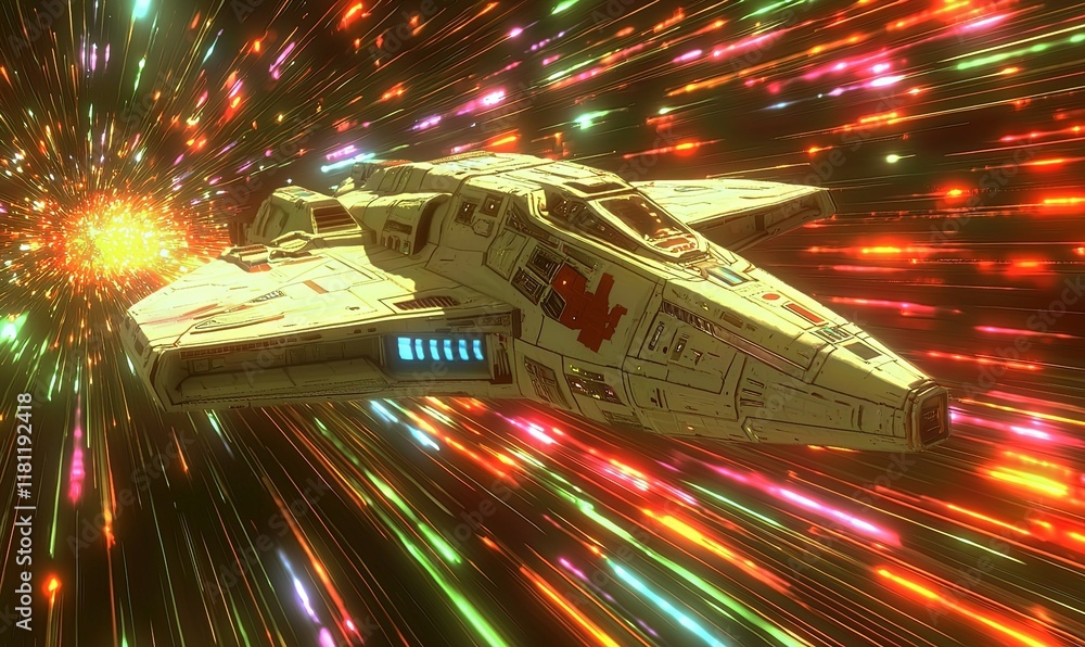Poster spaceship flies at warp speed through colorful hyperspace with exploding stars.