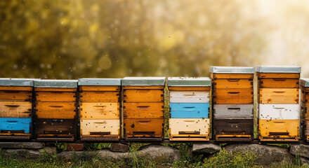 Beekeeper beekeeping background banner panorama wallpaper - wall made of many old rustic wooden beehives stacked on top of each other
