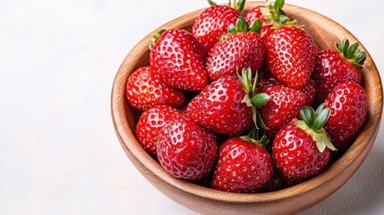 Fresh Red Strawberries in a Wooden Bowl with Green Leaves